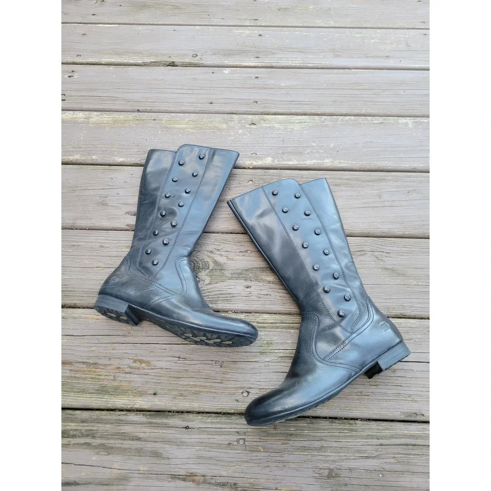 Born Martika‎ Boots Black Leather Button Tall Knee High Side Zip Size 7.5